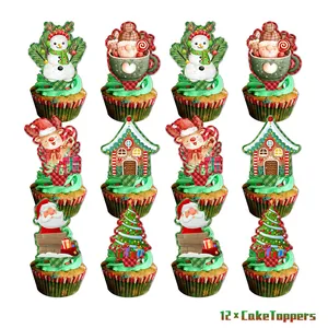 Set of 12 Christmas cake toppers featuring Santa and Reindeer on green cupcakes