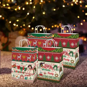 Set of 4 Christmas ugly sweater party paper gift bags with handles and festive patterns