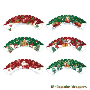 Detailed set of 12 festive Christmas cupcake wrappers with 6 holiday patterns in red and green