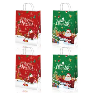 Christmas Kraft Paper Gift Bag Red Green Handheld Holiday Packaging Handbag With Handle Santa Reindeer Snowflake Design