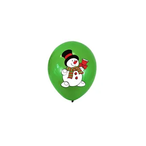 Green Christmas latex balloon featuring a festive snowman with red scarf and bell print