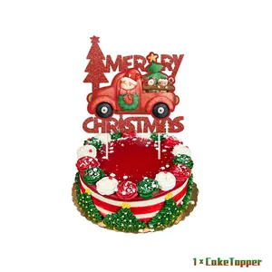 Glittery red Merry Christmas cake topper with Santa truck and tree for holiday party décor