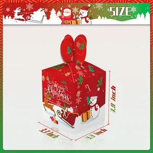 Red Christmas gift box with Santa motif and rabbit ear closure, 3.3x3.3x3.9 inch size