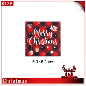 Serviettes de Noël à carreaux rouges et noirs de 6,7 pouces avec texte Merry Christmas festif