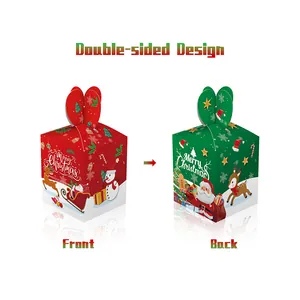 Red and green Christmas candy gift boxes with Santa and reindeer motifs in white background