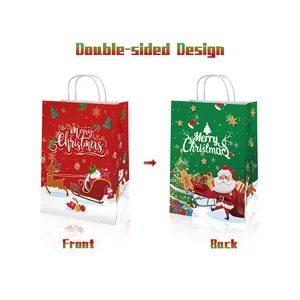 Double-sided Christmas kraft paper gift bags with Santa Claus and reindeer illustrations