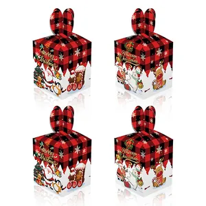Christmas Treat Boxes Buffalo Plaid Cardboard Gift Boxes With Handle For Party Candy Apple Merry Christmas Reindeer Santa Patterns