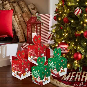 Red and green Christmas candy gift boxes with festive reindeer and Santa illustrations