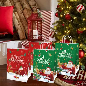 Christmas gift bags with classic red and green festive motifs and sturdy rope handles