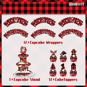 Detailed view of the Christmas cupcake set including stand, liners and toppers