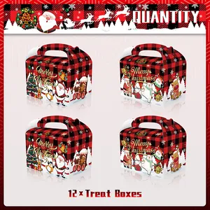 12er-Set Weihnachts-Geschenkboxen mit rot-schwarzem Karomuster und Tragegriff