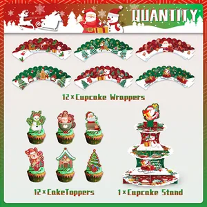Detalle del juego de adornos navideños para cupcakes con moldes y soporte de 3 niveles