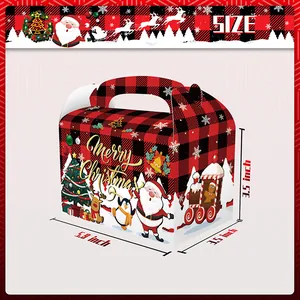 Weihnachtsgeschenkbox mit Karomuster, Weihnachtsmann-Illustrationen und Tragegriff