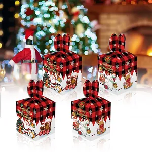 Christmas buffalo plaid gift box with Santa illustrations and rabbit ear handles