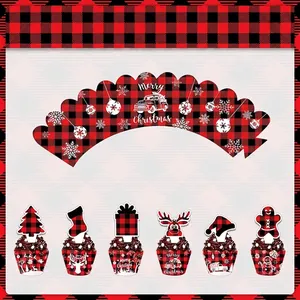 Christmas cupcake wrappers and toppers set featuring red black buffalo plaid patterns