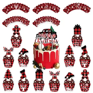 Envoltorios y Adornos para Cupcakes de Navidad a Cuadros Buffalo Decoraciones de Papel para Pasteles Rojo Negro Camión Reno Árbol Fiesta