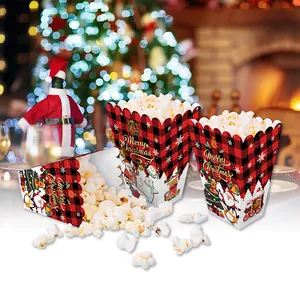 Weihnachts-Popcornschachteln mit rot-schwarzem Karomuster und festlichen Cartoon-Motiven