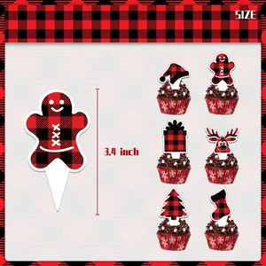 Christmas cupcake toppers with red black buffalo plaid patterns in six festive shapes