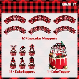 Set de decoración navideña para cupcakes con diseño de cuadros rojos y negros y renos