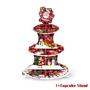Three-tier red and black buffalo plaid Christmas cupcake stand with holiday patterns