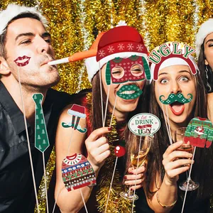 Christmas party photo booth props set with ugly sweater and holiday themed sticks