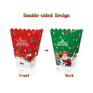 Christmas popcorn snack boxes with Santa and reindeer prints in red and green colors