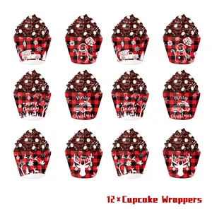Set of 12 red and black buffalo plaid Christmas cupcake wrappers with festive patterns
