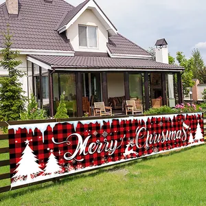 Outdoor Christmas banner with red and black buffalo plaid and Merry Christmas text