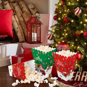 Christmas snowman and elk themed popcorn boxes for holiday parties in red and green