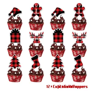 Set of 12 Christmas cupcake toppers and buffalo plaid wrappers with festive designs