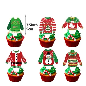 Set of 6 ugly Christmas sweater cupcake toppers with snowman and tree patterns