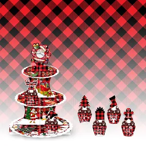 Three-tier red and black buffalo plaid Christmas cupcake stand with holiday toppers