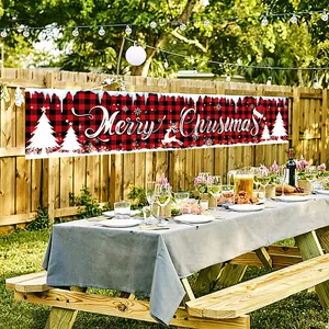 Outdoor Christmas banner with red buffalo plaid pattern and Merry Christmas text decor