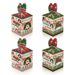 Christmas Ugly Sweater Party Gift Boxes White Cardboard Santa Reindeer Pattern Festive Candy Treat Boxes For Holiday Party