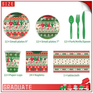Ugly sweater themed Christmas party tableware set with red and green festive patterns