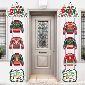 Christmas ugly sweater door banners with festive snowman and reindeer patterns for party