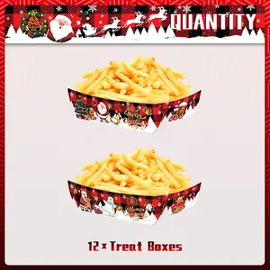 Set of 12 Christmas treat boxes featuring red and black buffalo plaid with festive illustrations