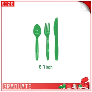 Three-piece set of green plastic cutlery with knife fork and spoon 6.7 inch length