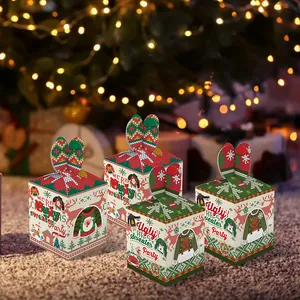 Four-pack of ugly sweater themed Christmas gift boxes with festive mitten-shaped handles