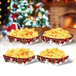 Christmas buffalo plaid food trays with Santa and reindeer for festive party snacks