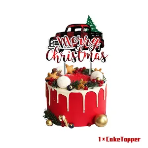 Adorno navideño para tarta con camión de cuadros rojos y negros decorativo