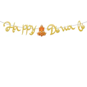 Bannière Happy Diwali Or Pailleté Avec Motif Ganesha Papier Fournitures De Fête Indienne Décoration De Maison Guirlandes