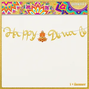 Bannière dorée pailletée Happy Diwali avec lampes à huile et divinités pour décoration