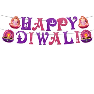 Striscione Glitter Happy Diwali Ghirlanda Di Carta Sfumata Viola Rosa Con Diya Loto Per Decorazione Festa Festival Luci
