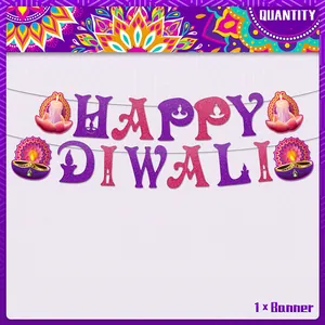 Striscione Happy Diwali glitterato con lettere viola e rosa per decorazioni festa