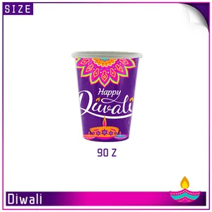 Gobelets en papier 9 oz pour Diwali avec motif mandala violet et lampe diya