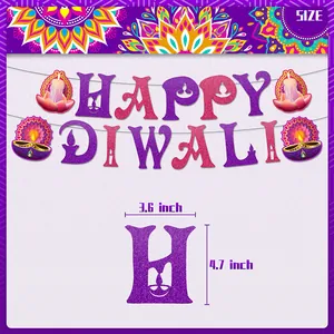 Striscione Happy Diwali glitterato con fiori di loto viola e specifiche dimensioni