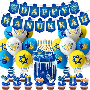 Décoration de Fête de Hanoucca en Papier Latex Bannière Happy Hanukkah Décorations de Gâteau Ballons Bleu Or Blanc Célébration Religieuse