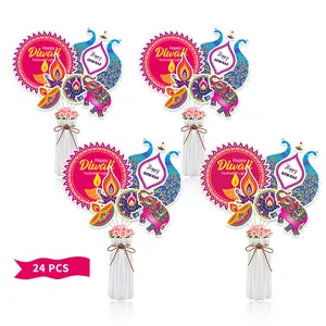 Diwali Festival Of Lights Vase Flag Decoration Featuring Elephant Peacock Mandala Patterns Colorful Party Table Centerpiece