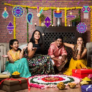 Hanging Diwali decorations set featuring Happy Diwali signs and colorful paper swirls